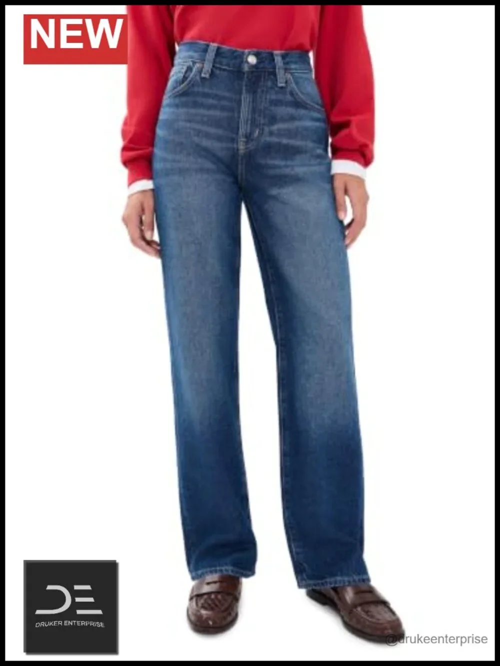 Wide-Leg High Rise Jeans Non-Stretch 5-Pocket Button Zip